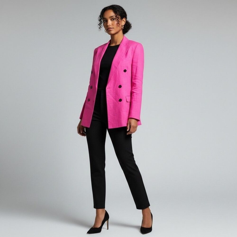 Theory Linen Double-breasted Career Blazer Womens 6 Fuschia Old Money Coastal